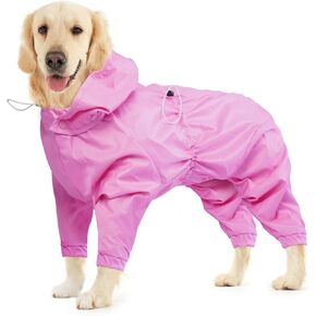 BRKURLEG Dog Raincoat, 4 Legs Dog Rain Jacket, Pet Waterproof Rainproof Jacket with Leash Hole Reflective Pet Poncho for Medium Dogs Large Dog Boy Girl, Lightweight Waterproof Jacket, Pink M
