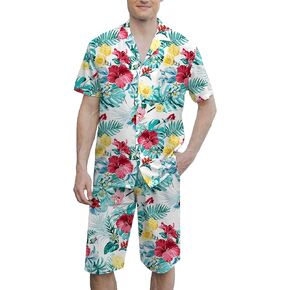 Cromoncent Men's Hawaiian 2 Piece Sets Short Sleeve Button Down Shirts and Shorts Printed Vacation Outfits