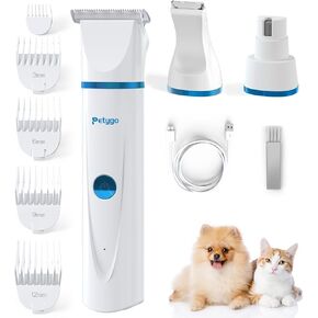 3-in-1 Dog Grooming Clippers Kit - Rechargeable Low Noise Pet Trimmer Set with Paw Trimmer, Cordless Nail Grinder, Shaver for Small Dogs & Cats - Includes 4 Guide Combs & USB Cable