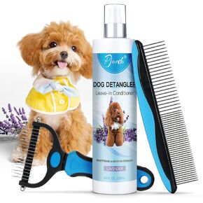 Dog Detangler Spray, Natural Dog Leave in Conditioner Spray with Deshedding Dog Brush and Metal Comb, for Grooming and Dog Mat Removal (Lavender)