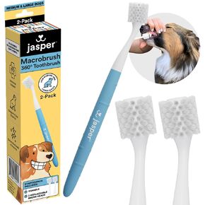 Jasper Macrobrush 360º, Dog Toothbrush for Medium to Large Dogs, Soft-Bristled Dog Tooth Brushing Kit - Premium Non-Slip Handle with 2 Replaceable Tooth Brush Heads, Use with Dog Toothpaste