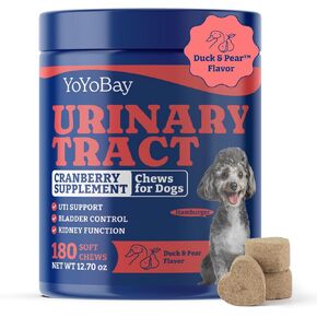 Dog Bladder Control Chews - 180 Soft Chews - Cranberry Supplement for Urinary Tract Health, Cranberry Chews for Dogs, Duck & Pear Flavor