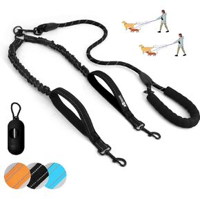 Double Dog Leash for 2 Dogs, 360° Swivel No Tangle Double Dog Leash with Two Padded Handles,Reflective Dual Dog Splitter for Medium and Large Dogs,Shock Absorbing Bungee for Two Dogs (Black)