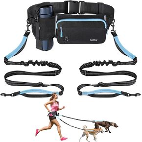 Hands Free Dog Leash 2 Dogs, Adjustable Waist Leash for Dog Walking with Dual Bungees Padded Handle, Shock Absorbing Hands Free Leash for Small Medium-Sized Dogs Outdoor Activities, Black+Blue