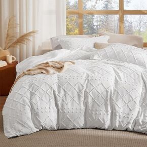 Bedsure Boho Duvet Cover Queen Size - Boho Bedding, Tufted Queen Duvet Cover for All Seasons, 3 Pieces Embroidery Shabby Chic Home Bedding,Comforter Not Included (White, 90" x 90")