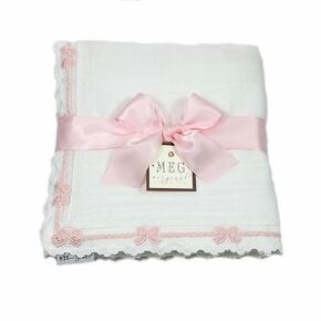 Heirloom Baby Girl Blanket with White & Pink Bows, Cotton Swaddle Blanket with Delicate Pink Bow Trim by MEG Original