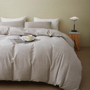 Stonewashed Cotton/Linen Duvet Cover Queen, 3-Piece Comforter Cover Set, Breathable and Skin-Friendly Bedding Set (Khaki, Queen)