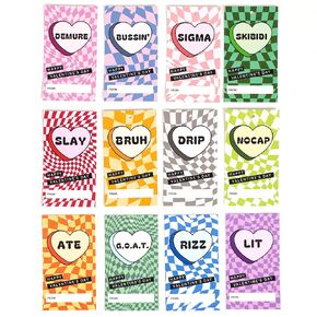 Candy Hearts Slang Words Valentine's Day Cards for School, Gen Alpha Kids, Teens, Tweens, Bulk Valentines Day Gifts, 2 x 3.9 inches, Set of 24 cards