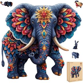 Elephant Wooden Puzzles for Adults, Jigsaw Puzzles 200 Pieces, Unique Shape Puzzles with Wooden Box, 11.2" x 11.2" Medium Size Family Game Gift, Fun Challenging Puzzles for Adults and Kids