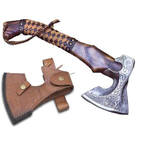 Forest Hunting | custom handmade Viking medieval Axe with Viking gift,Hand Axe,Viking Gifts for Men,Camping Tomahawk,Bearded,Valhalla Axe with Leather Sheath FH0020 (Battle axe)
