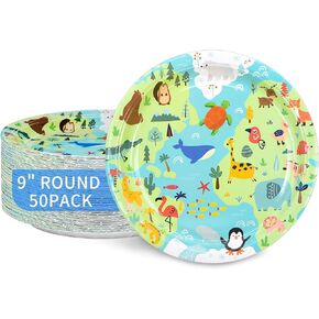 DYLIVeS Animal World Map Paper Dinner Plates, Dessert Plates, Safari Woodland Atlantic Blue Ocean Animals Birthday Party Supplies for Boys Baby Shower Birthday Party Decorations, 9 Inch, 50 Pack