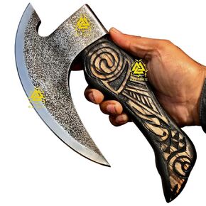 OLDZ CRAFTZ - Black Forged Authentic Medieval Pizza Cutter Axe, Norse Pizza Axe Gift, Carbon Steel Viking Axe with Sheath Axes viking axe real ax Rocking Slicer Chef Viking Axe Oven Accessories mens axes gifts for him