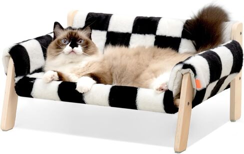 MEWOOFUN Cat Couch Bed, Pet Sofa for Indoor Cats Wooden Indoor Elevated Cat Beds with Removable Mattress Cover Suitable for Kitty, Puppy or Small Animal (Chessboard, Medium) in Saudi Arabia
