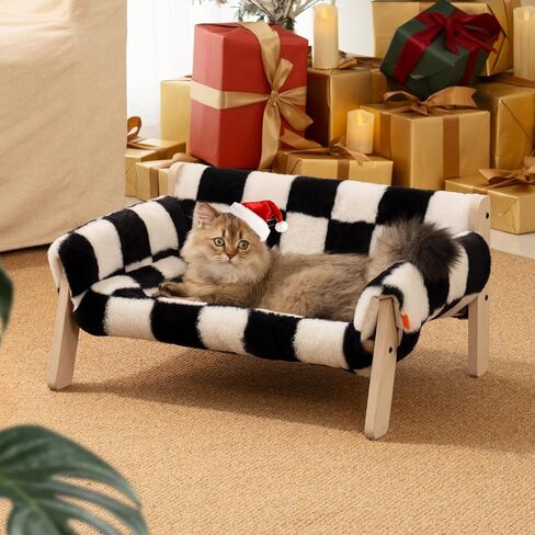 MEWOOFUN Cat Couch Bed, Pet Sofa for Indoor Cats Wooden Indoor Elevated Cat Beds with Removable Mattress Cover Suitable for Kitty, Puppy or Small Animal (Chessboard, Medium) in Saudi Arabia
