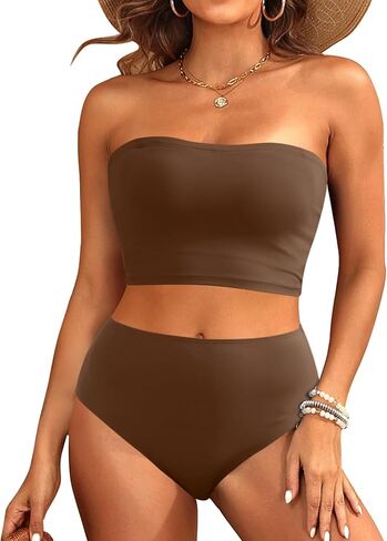 مجموعة بيكيني Tempt Me Women Bandeau بدون حمالات عالية الخصر مكونة من قطعتين ملابس سباحة طويلة in Saudi Arabia
