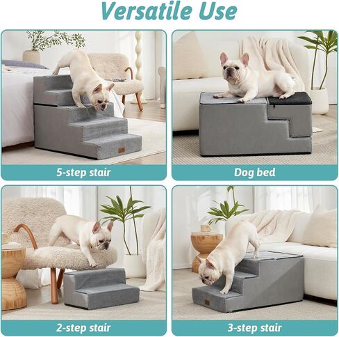 Dog Stairs for Small Dogs, 5 Tier Removable Wider Pet Stairs for Couch and Bed, 23.6" H Non-Slip Dog Steps for Puppies and Old Cats with Support Board, 29.5x19.7x23.6 inch, Grey in Kuwait