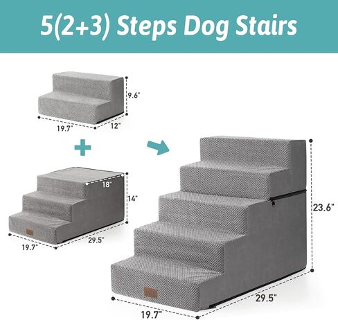Dog Stairs for Small Dogs, 5 Tier Removable Wider Pet Stairs for Couch and Bed, 23.6" H Non-Slip Dog Steps for Puppies and Old Cats with Support Board, 29.5x19.7x23.6 inch, Grey in Kuwait