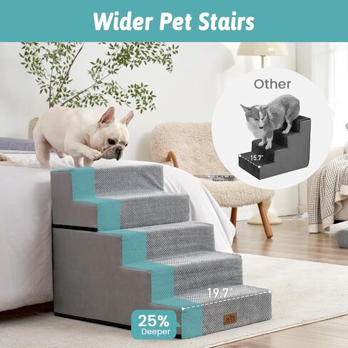 Dog Stairs for Small Dogs, 5 Tier Removable Wider Pet Stairs for Couch and Bed, 23.6" H Non-Slip Dog Steps for Puppies and Old Cats with Support Board, 29.5x19.7x23.6 inch, Grey in Kuwait