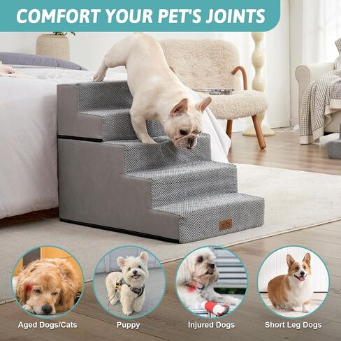 Dog Stairs for Small Dogs, 5 Tier Removable Wider Pet Stairs for Couch and Bed, 23.6" H Non-Slip Dog Steps for Puppies and Old Cats with Support Board, 29.5x19.7x23.6 inch, Grey in Kuwait