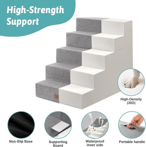 Dog Stairs for Small Dogs, 5 Tier Removable Wider Pet Stairs for Couch and Bed, 23.6" H Non-Slip Dog Steps for Puppies and Old Cats with Support Board, 29.5x19.7x23.6 inch, Grey in Kuwait
