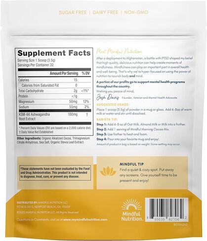 Mindful Morning Sugar Free Hot Chocolate Mix with Organic Ashwagandha and Magnesium Supplements to Relax the Mood and Calm the Mind, Natural Stress Relief Supplement Hot Cocoa in Saudi Arabia