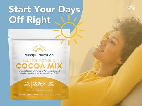 Mindful Morning Sugar Free Hot Chocolate Mix with Organic Ashwagandha and Magnesium Supplements to Relax the Mood and Calm the Mind, Natural Stress Relief Supplement Hot Cocoa in Saudi Arabia
