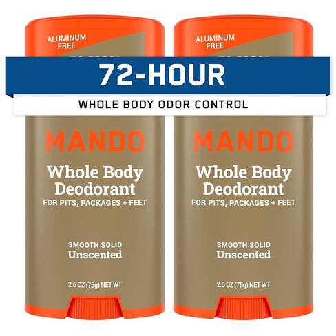 Mando Whole Body Deodorant For Men - Smooth Solid Stick - 72 Hour Odor Control - Aluminum Free, Baking Soda Free, Skin Safe - 2.6 Ounce (Pack of 2) - Unscented in Kuwait
