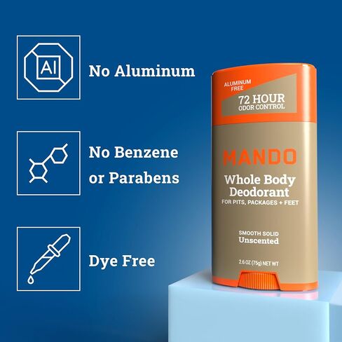 Mando Whole Body Deodorant For Men - Smooth Solid Stick - 72 Hour Odor Control - Aluminum Free, Baking Soda Free, Skin Safe - 2.6 Ounce (Pack of 2) - Unscented in Kuwait