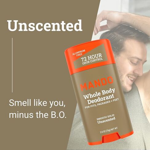 Mando Whole Body Deodorant For Men - Smooth Solid Stick - 72 Hour Odor Control - Aluminum Free, Baking Soda Free, Skin Safe - 2.6 Ounce (Pack of 2) - Unscented in Kuwait