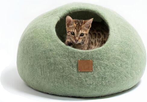 Best Aesthetic Cat Bed - Premium Felted Wool Cat Cave Bed - Cozy Peekaboo Round Cave for Large or Small Cats (Small, Eucalyptus Green) in Saudi Arabia