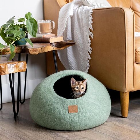 Best Aesthetic Cat Bed - Premium Felted Wool Cat Cave Bed - Cozy Peekaboo Round Cave for Large or Small Cats (Small, Eucalyptus Green) in Saudi Arabia