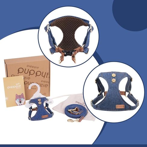 Puppytie No Pull Dog Harness with Multifunction Dog Leash,Soft Adjustable No Choke Escape Proof Pet Harness Vest for Medium Dogs,Denim Light Blue,M in Saudi Arabia