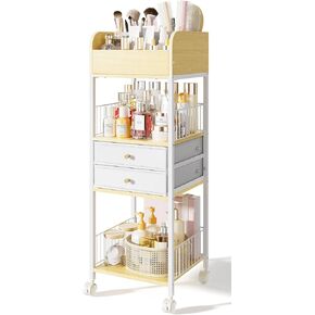 Makeup Organizer Cart with Drawers, Rolling Bathroom Organizers and Storage- Versatile Skincare Perfume Storage Vanity Organizer, Natural Wood and White Iron