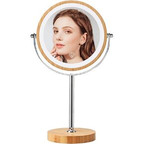 Lighted Makeup Mirror, Rechargeable 8" Bamboo Vanity Mirror, 1x/10x Magnifying Vanity Mirror with 3 Colors Dimmable Lightning, 360° Rotation Double Sided Cosmetic Light up Mirror