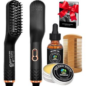 Beard Straightener w/Beard Balm & Beard Growth Oil & Beard Guide E-Book,Upgraded 3 in 1 Hair Straightener Brush Beard Straightening Comb,Unique Stocking Stuffers Gifts for Men Him Husband