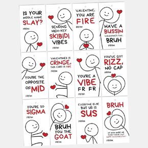 Valentines Day Gifts, Candy Heart Slang Words Valentine's Day Cards for School, Gen Alpha Kids, Teens, Tweens, 2 x 3.9 inches, Set of 24 cards (Stickman)