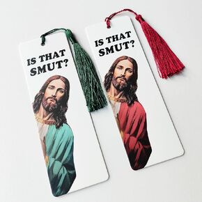 Is That Smut Bookmark, Funny Peeking Jesus Bookmark, Book Lover Gift, Smut Lover Reader Gift, Bookmark with Tassel, Pack of 2 (Red, Green)