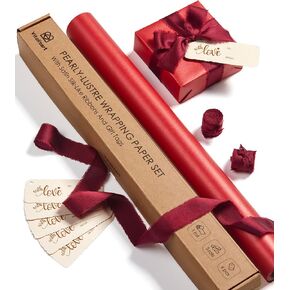 Vitalizart Red Wrapping Paper Set 17" Pearly-Lustre With Silk Like Satin Ribbon & Gift Tags Recyclable Eco-Friendly Christmas Gift Wrapping Birthday Baby Shower Wedding Handmade Crafts 197"(16.4 Ft)