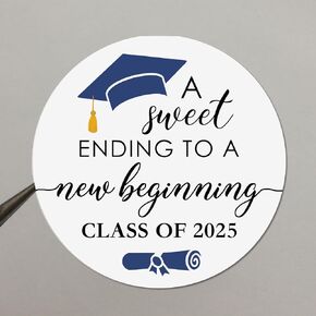 120 x Graduation Sticker, Graduation Celebration, Invitation Sticker, Graduation Party, Class of 2025, Sweet Ending To A New Beginning Minimal Graduate Round Gift Tag, Graduation Favor (Blue)