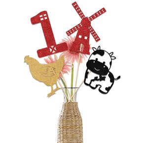 12 Pcs Farm Animals 1st Birthday Centerpiece Sticks, Happy 1st Birthday Decorations, Farm Animal Birthday Decorations Sign, Holy Cow I'm One First Birthday Party Supplies Red Gold & Black