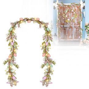 6FT Lighted Artificial Easter Garland with Easter Egg,Easter Egg Garland Mixed Berry Garland Hanging Rustic Spring Floral Garland for Home Kitchen Mantle Fireplace Indoor Outdoor Easter Decor (1PCS)