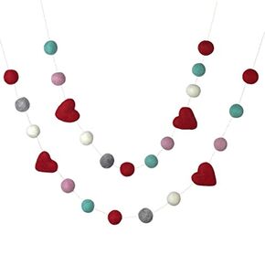 Valentine's Day Garland- 6 ft string with 25 adjustable shapes- 1" Felt Balls, 1.75" Hearts- 100% Wool- Handmade by Matthew and Mae- Mantle Banner, Shelf Decor (Red/Turquoise/Baby Pink/Gray/White)