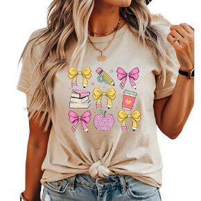 Shirts for Teachers, Coquette Teacher Shirt, Bows, Pencils, Books Teacher Shirt, Gift Idea for Teacher, Tops and Tee Sizes Small to XL, Plus Size 2XL to 4XL (Soft Cream, Large)
