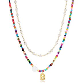 YUJIE Colorful Beaded Necklace Initial Letter B Charm Necklace for Women Pearl Layered Necklace Handmade Boho Fashion Jewelry