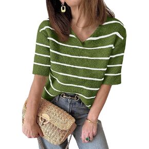 Saodimallsu Womens Summer Short Sleeve Sweater Tops Striped V Neck T Shirts Casual Loose Fit 2025 Trendy Knit Top
