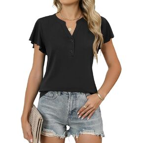 Rapbin Womens Short Sleeve Tops Ruffle V Neck Button Down Shirts Dressy Casual Tunic Blouses