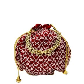 Indian Ethnic Cotton Potli bag Ladies Handbag Drawstring Purse With Embroidered For Bridal Batwa Pearls Handle Purse Clutch Purse for Women (Maroon)