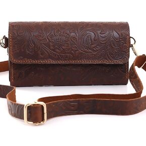 Handmade Small Crossbody Shoulder Bag for Women, Cellphone Bags Adjustable Strap, Leather Card Holder Wallet Purse and Handbags With Zipper Coin Clutch for Teen Girls Bags (Carved Dark Brown)