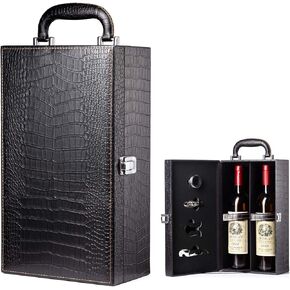 Wine Box, 2 Bottle Leatherette Top Handle with 4 Wine Accessory Travel Wine Gift Box, Handmade Premium Wine Carrier Case