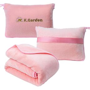 K.Garden Travel Cooling Blanket and Pillow- Soft 2 in 1 Airplane Compact Flight Essentials Car Pillow Travelers Gifts Accessories Compact Pack Blanket for Any Travel with Luggage Backpack Strap,Pink